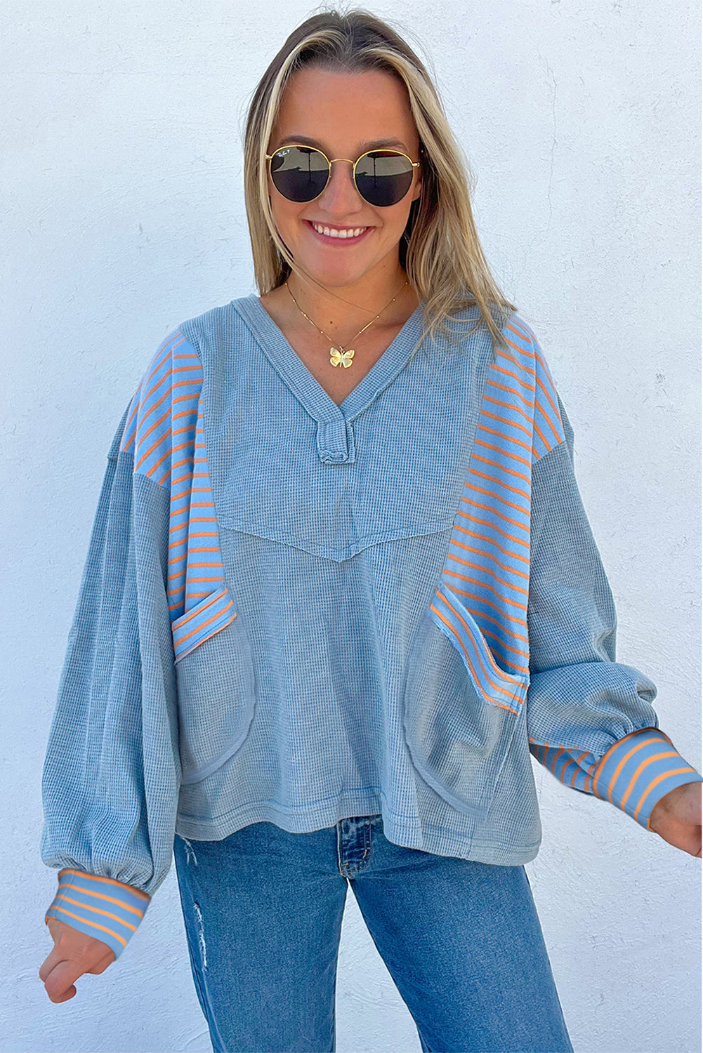Dusk Blue Exposed Seam Waffle Striped Patchwork Baggy Pullover 8fcd228ef5dbcebc