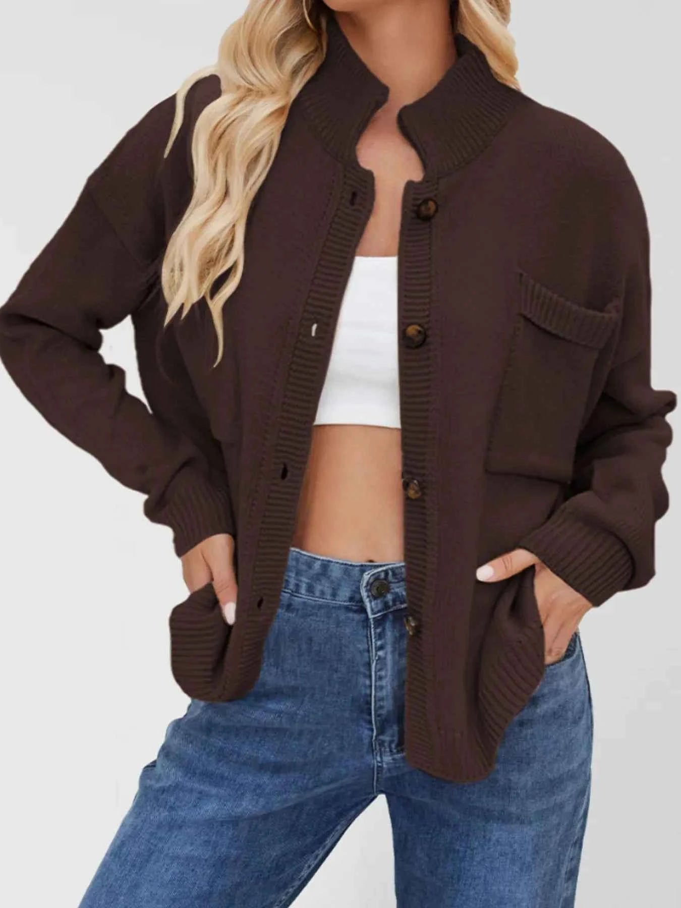 Ribbed Hem Button Up Cardigan Brown 8fd10b15-6c04-48cc-9ffe-a380f6ef1848-Max-Origin