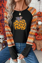 Orange Leopard Pumpkin Sequins Patch Contrast Long Sleeve Top 8fd25b820a20edf7