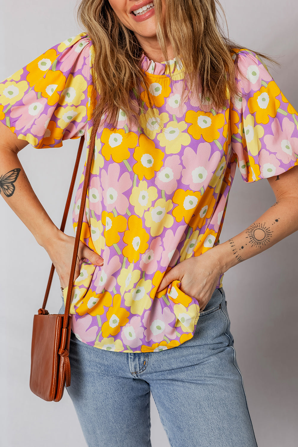 Purple Frilled Neck Puff Short Sleeve Flower Top 8fd7de5122cc4038