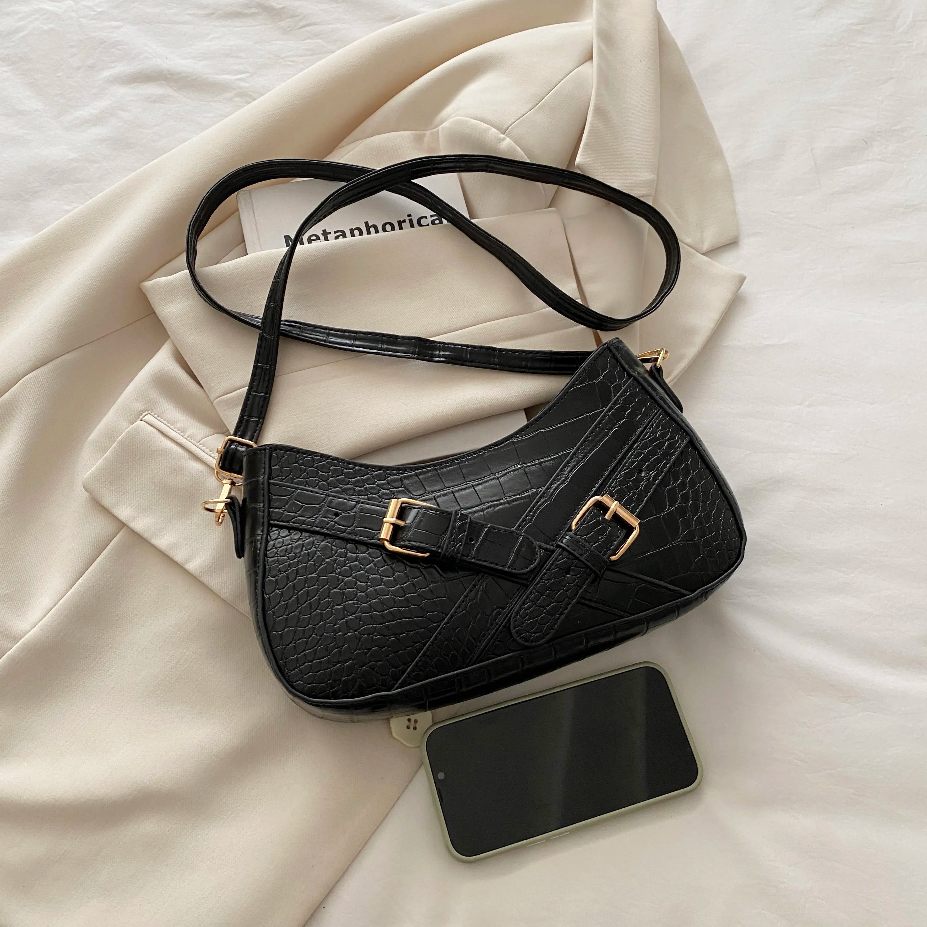 Crocodile Pattern Underarm Shoulder Bag Black onesize 8fdc94e5766f4d4e87e49f9d62162b97-Max-Origin