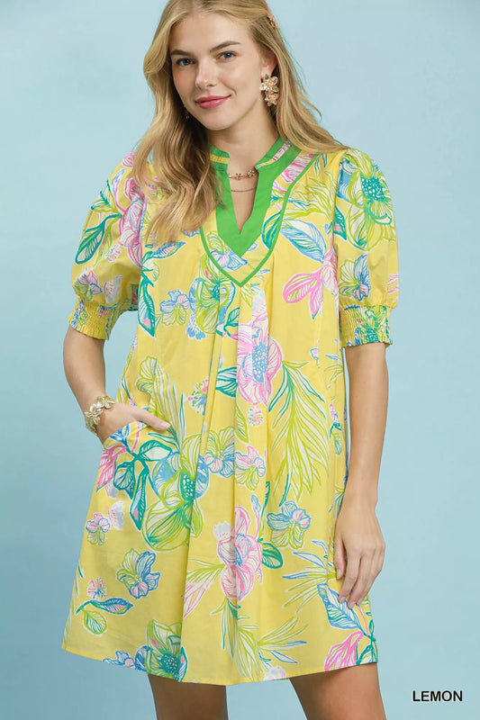 Botanical Print Dress with Smocked Cuffs LEMON 8fdd6c41-1edc-4d60-8e0a-255c53dd2737-Max-Origin