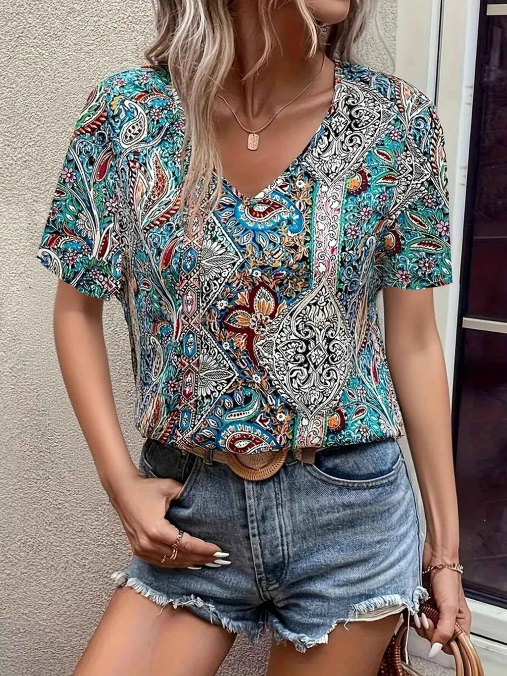 Bohemian Paisley Print V-Neck Short Sleeve T-Shirt