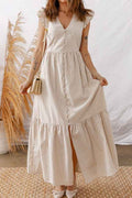 Stripe Flutter Sleeve Buttoned V-Neck Maxi Dress Khaki Stripe 8fde663f-896a-4a89-bf70-fc68ebe24f8a