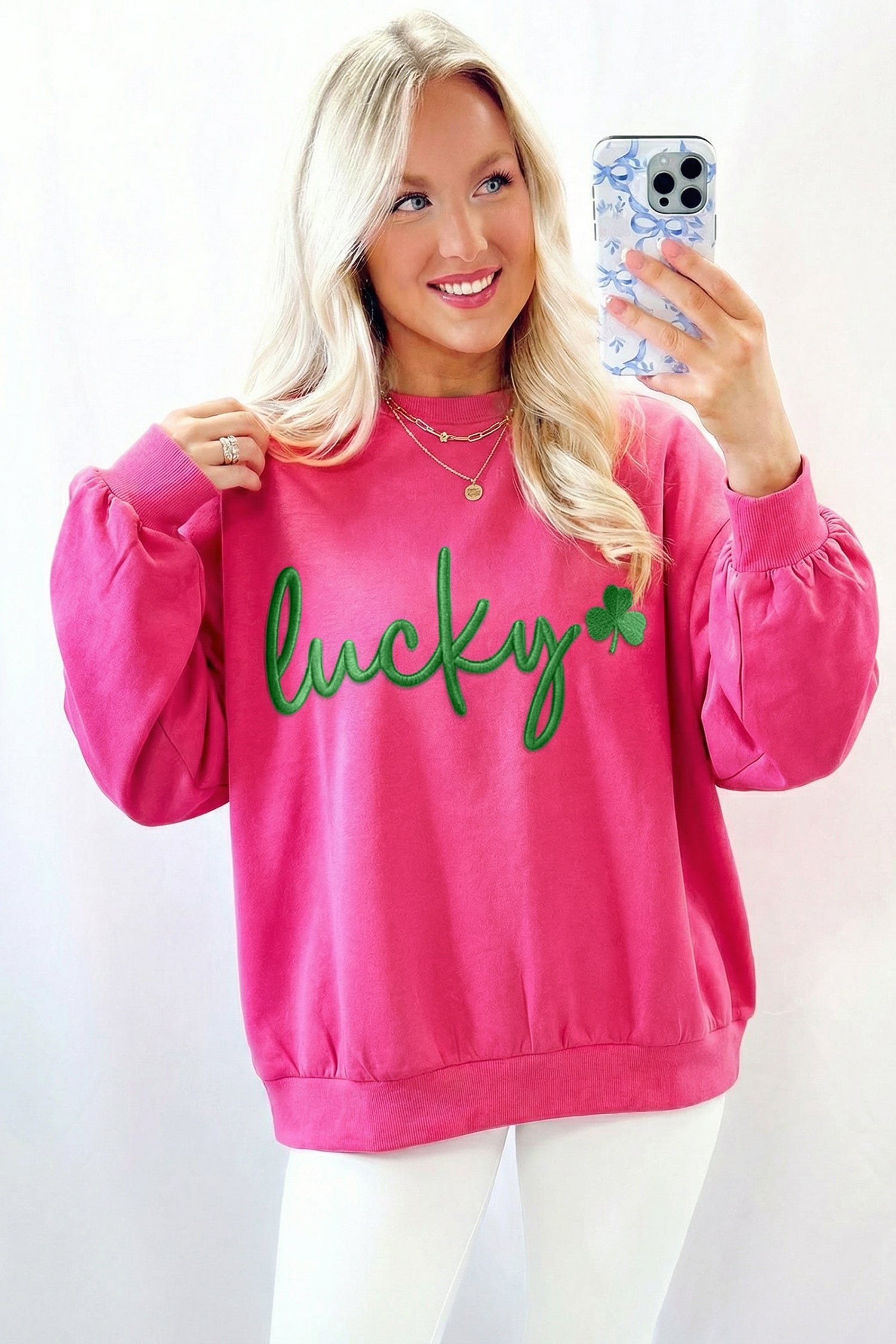 Rose Red Lucky Clover Embroidered Loose Pullover Sweatshirt 8fe3204cc698bcc8