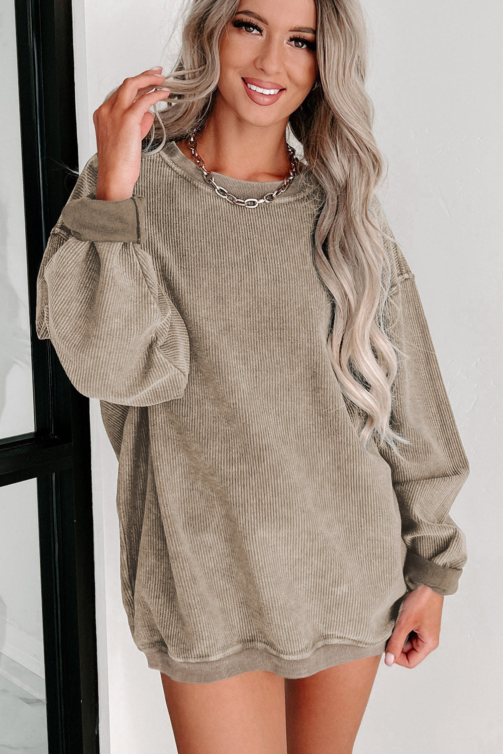 Green Ribbed Round Neck Drop Sleeve Pullover Sweatshirt 8fe3e4dea7a415fc