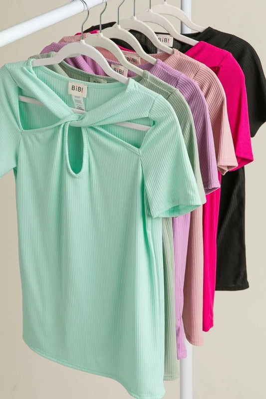 BiBi Rib Knit with Cut Out and Front Twist Detailed Top MINT 8fe44b9d-df31-4cff-9d20-2a1e3b0801c2-Max-Origin