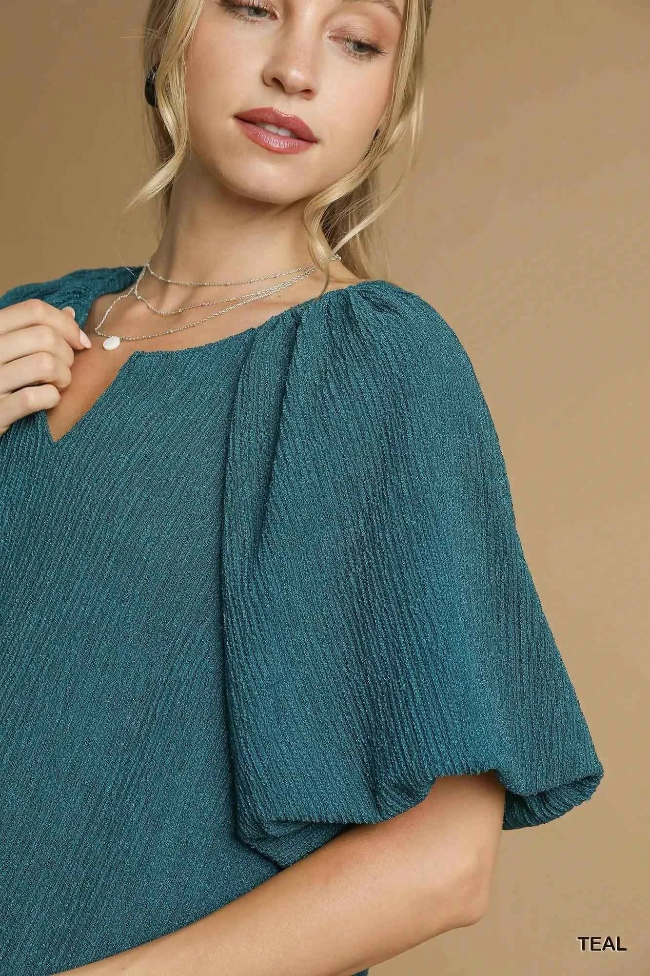 Umgee Textured Flutter Sleeve Notch Neck Top 8fe66ddd-ad6e-4a4a-a9b5-9b278df73116-Max-Origin