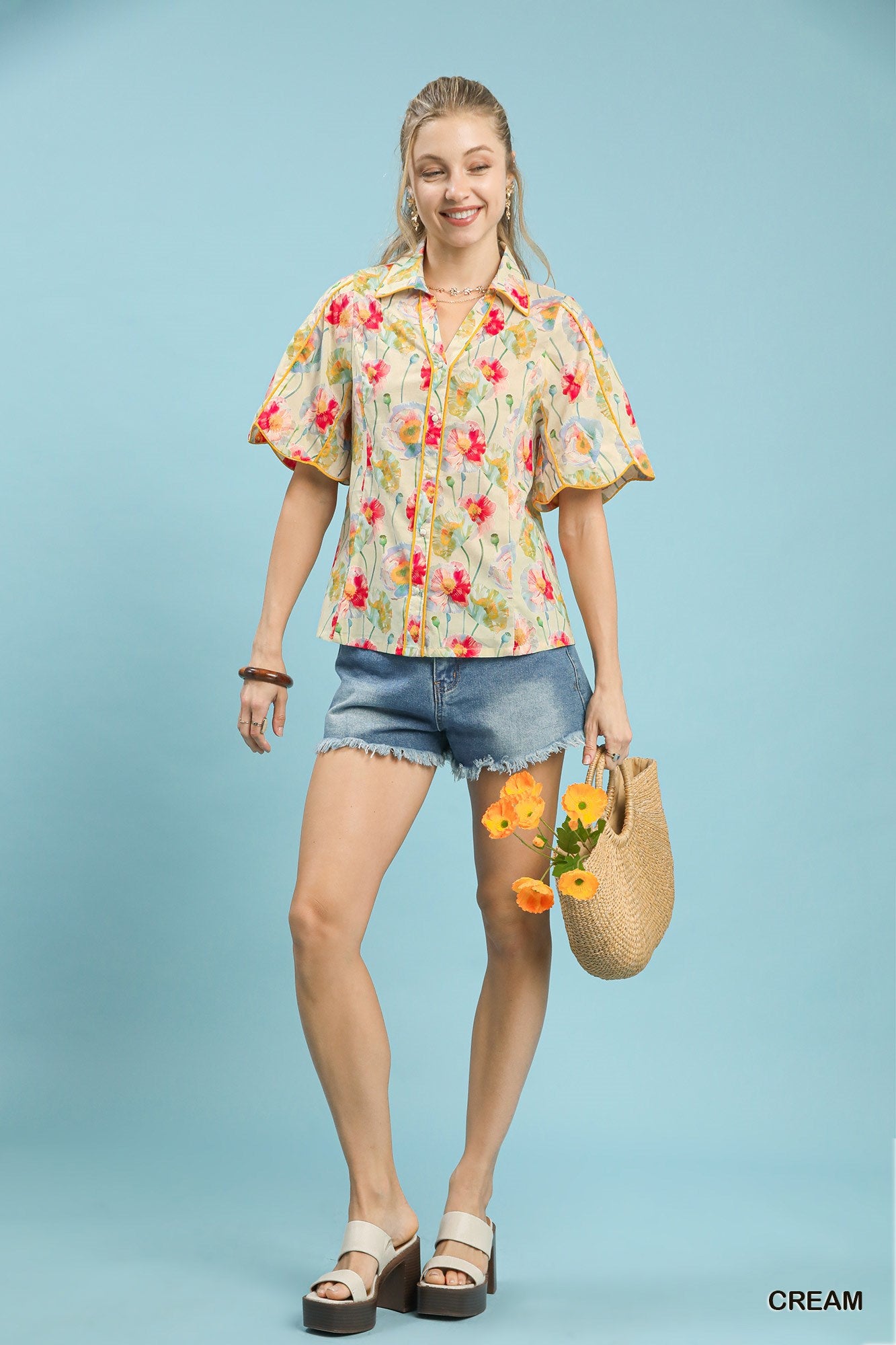 Umgee Floral Print Button-Down Blouse with Flutter Sleeves 8fe935b1-f451-4bce-9d7e-e0b073001a08-Max