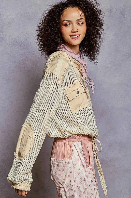 Texture Woven Button Down Hooded Shirt with Drawstring Hem 8fed0297-bfa1-468e-b208-b727b67802cb-Max-Origin