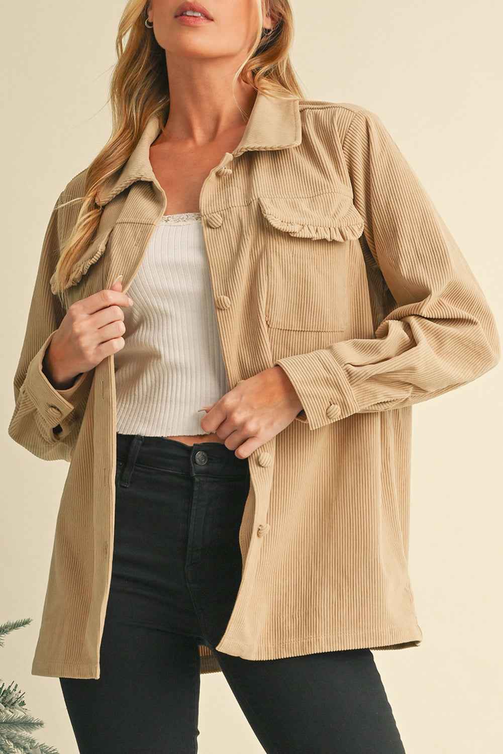 Light French Beige Corduroy Frilled Flap Pocket Button Up Shacket 8fef2e4ef4b871fa