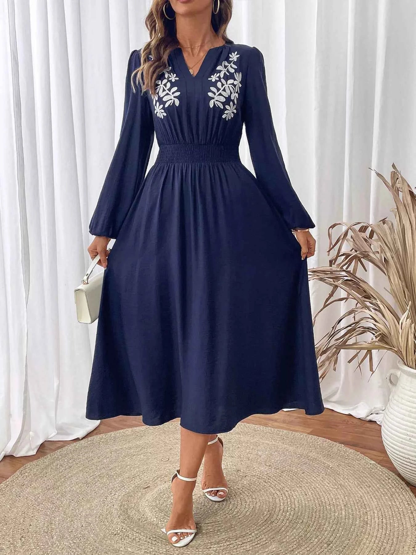 Embroidered Notched Long Sleeve Midi Dress 8fefc6ee970b492087a90604f792c440-Max-Origin