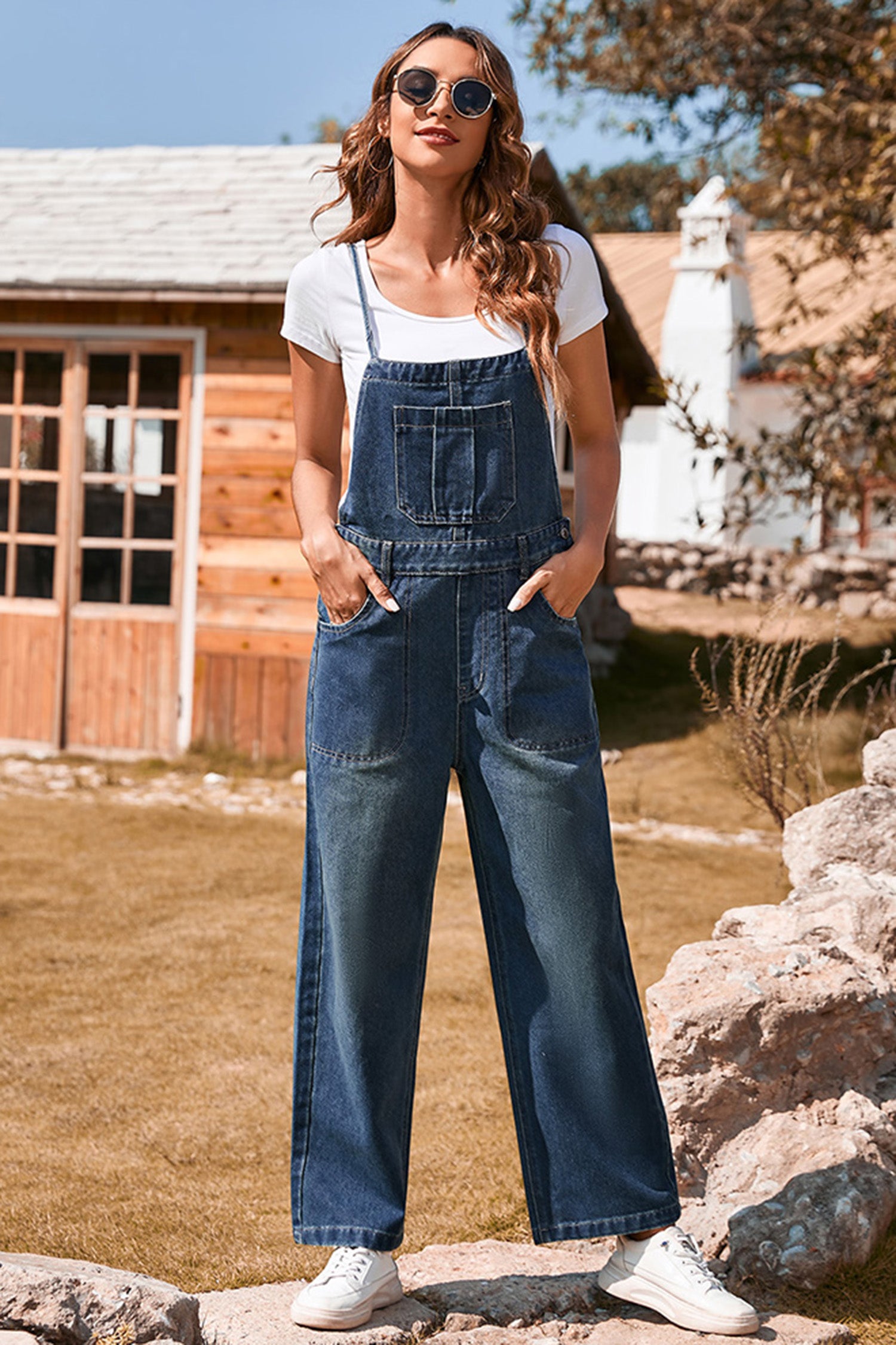 Dark Blue Crossed Tie Straps Bib Pocket Loose Denim Overalls 8ff37f0a4627228b