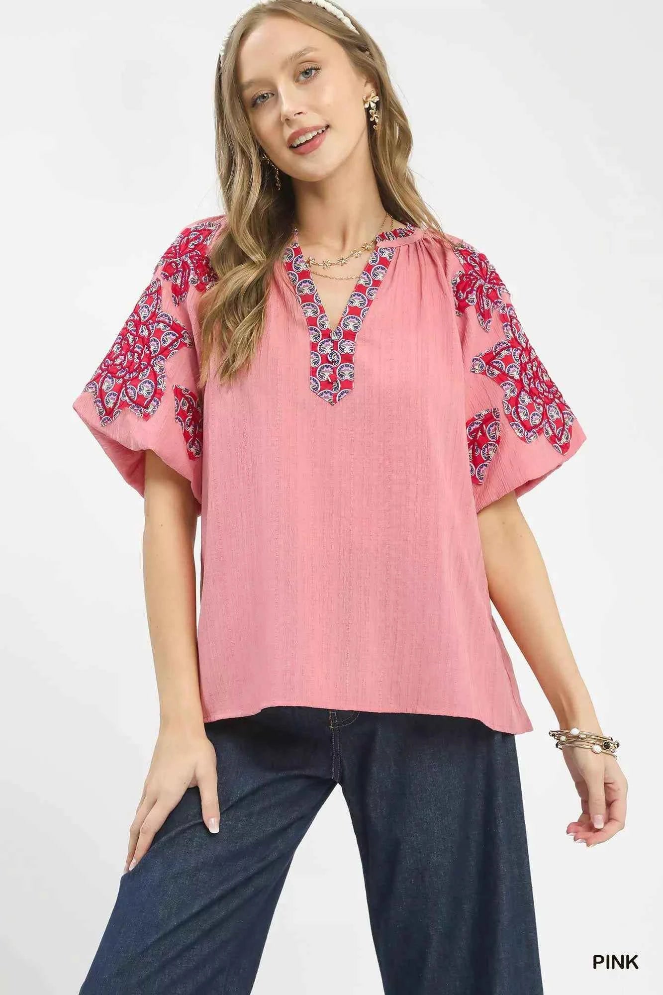 Umgee Embroidered Sleeve Contrast Trim Top PINK 8ff4e813-d2b6-42a9-85a0-1854903924f3-Max-Origin