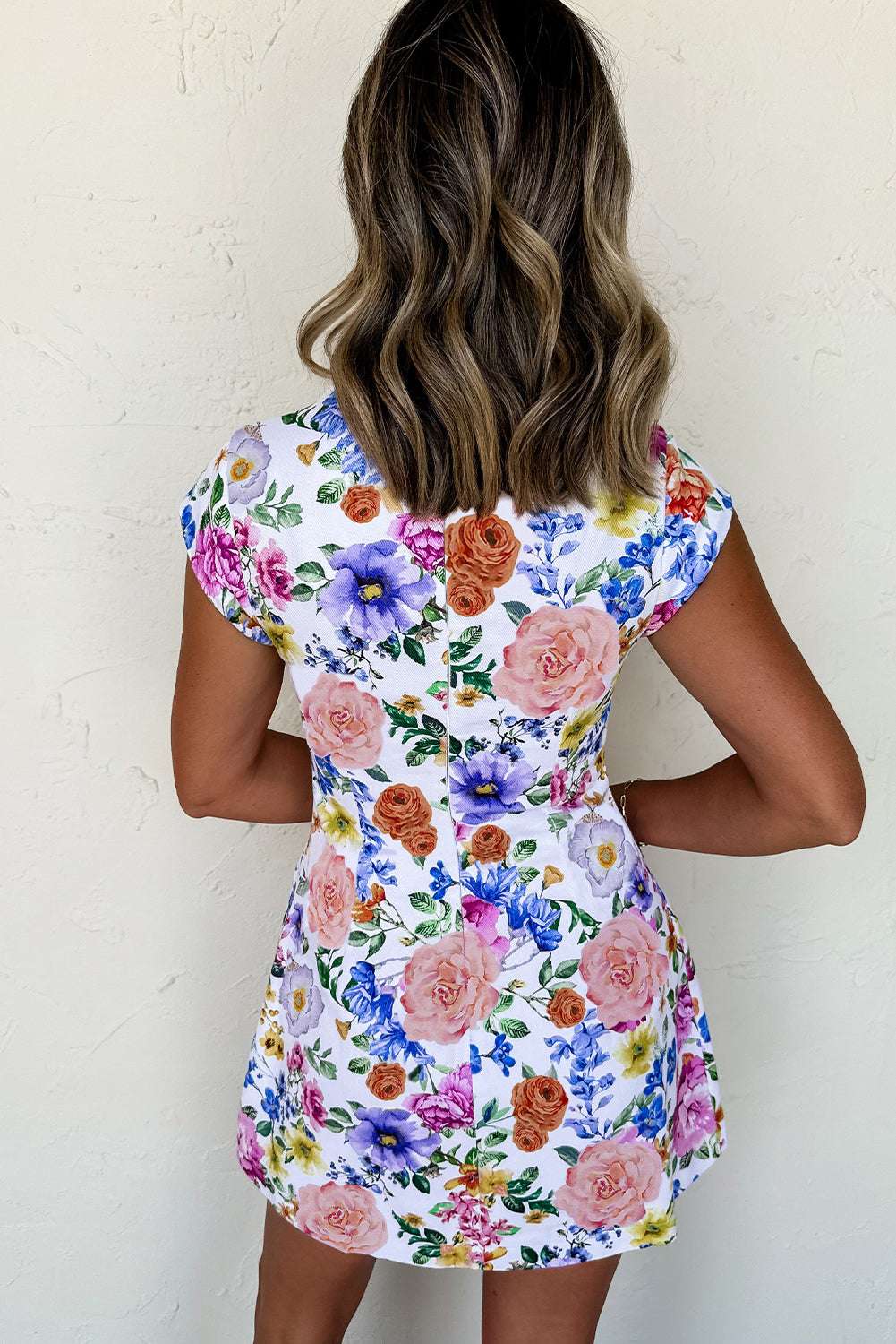 Sky Blue Vibrant Floral Print Cap Sleeve Mini Dress 8ff57e07816eedb5-_2