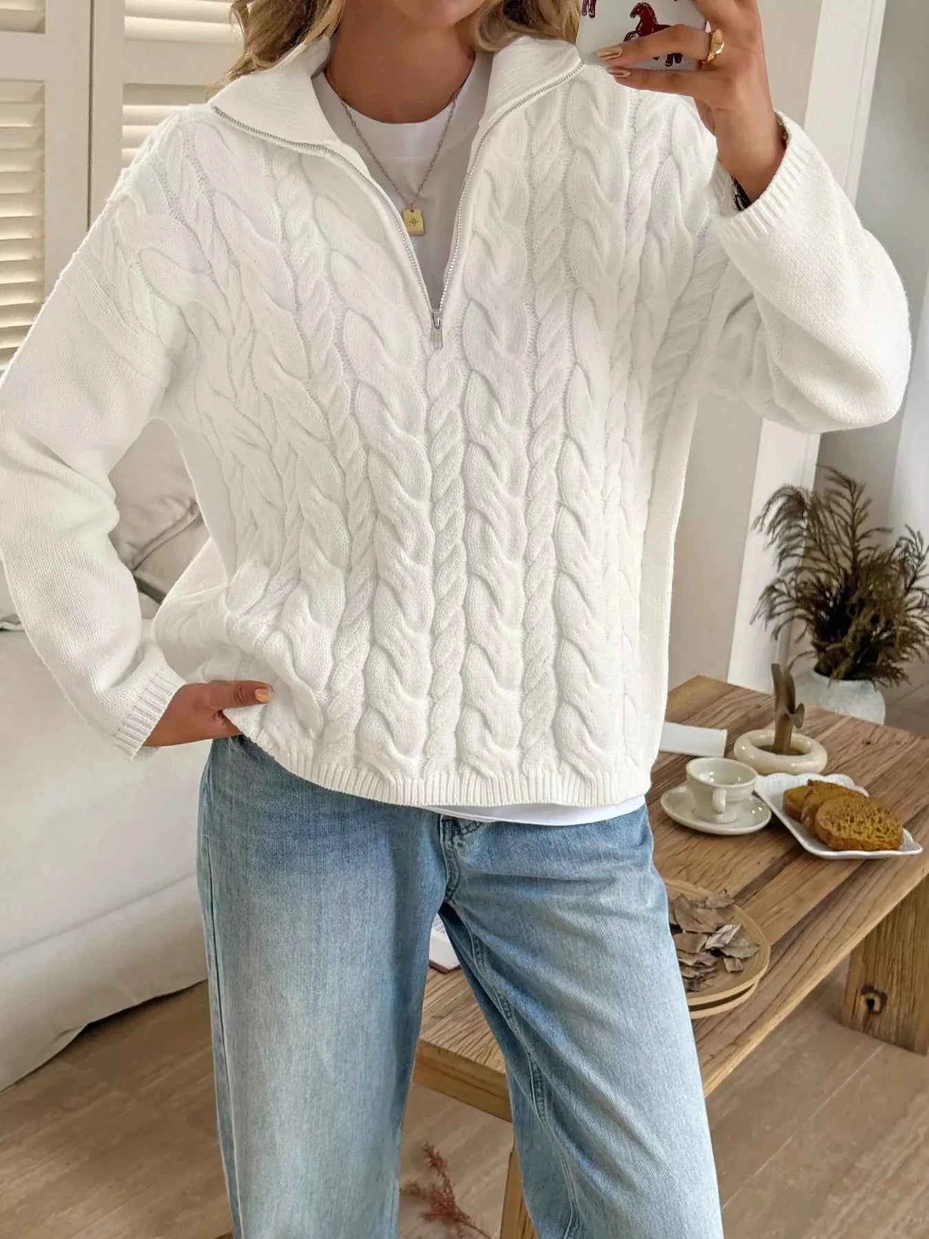 Zip Collar Cable-Knit Sweater 8ff5afd3c76d41868d160c0aeba4447b-Max-Origin