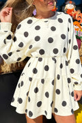 White Polka Dot Printed Long Sleeve Flared Mini Dress White 95%Polyester+5%Elastane 8ff7713fd3136ba6