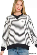 Zenana Contrast Striped Round Neck Sweatshirt WHITE BLACK 8ff851831c7f4999a20f5b363733513a-Max-Origin