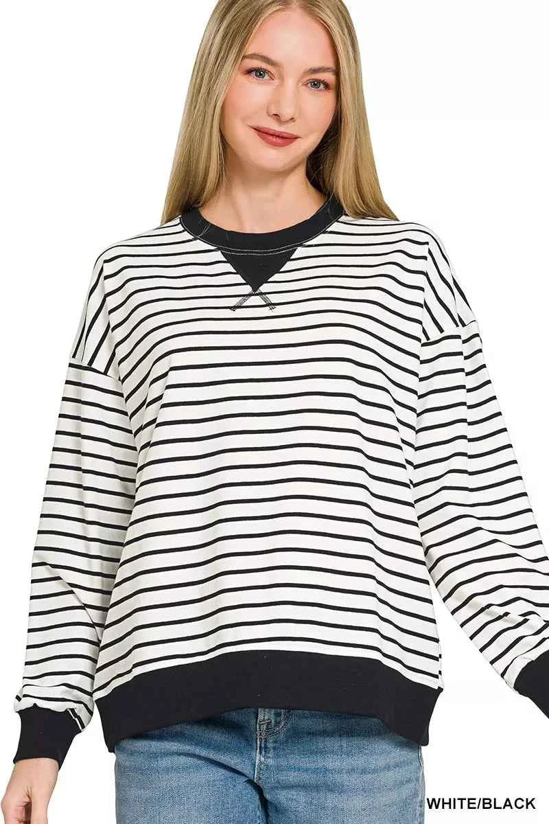 Zenana Contrast Striped Round Neck Sweatshirt WHITE BLACK 8ff851831c7f4999a20f5b363733513a-Max-Origin