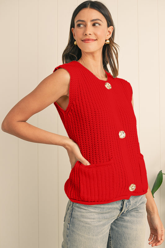Fiery Red Solid Textured Knit Side Pockets Buttoned Sweater Vest 8ff8cf0033cf83cf