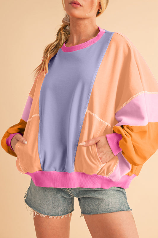 Orchid Petal Colorblock Patchwork Drop Shoulder Top Orchid Petal 65%Polyester+35%Cotton 8ff8d44e5b1433d4