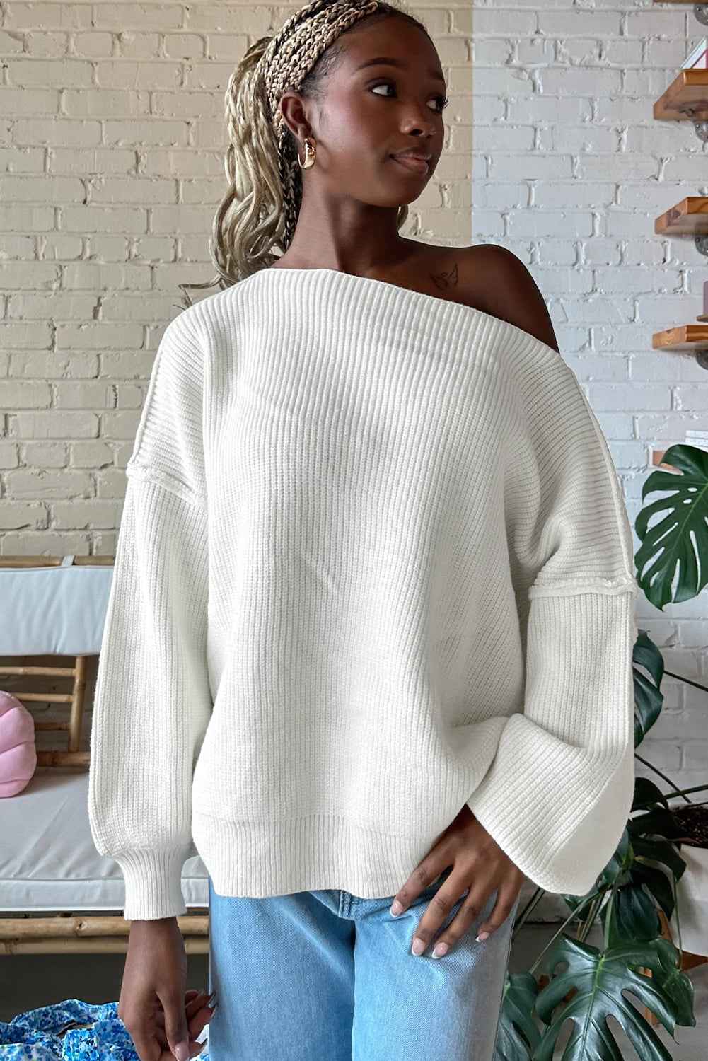 White Asymmetric Neck Drop Shoulder Baggy Slouchy Sweater 8ff9ada883b90425