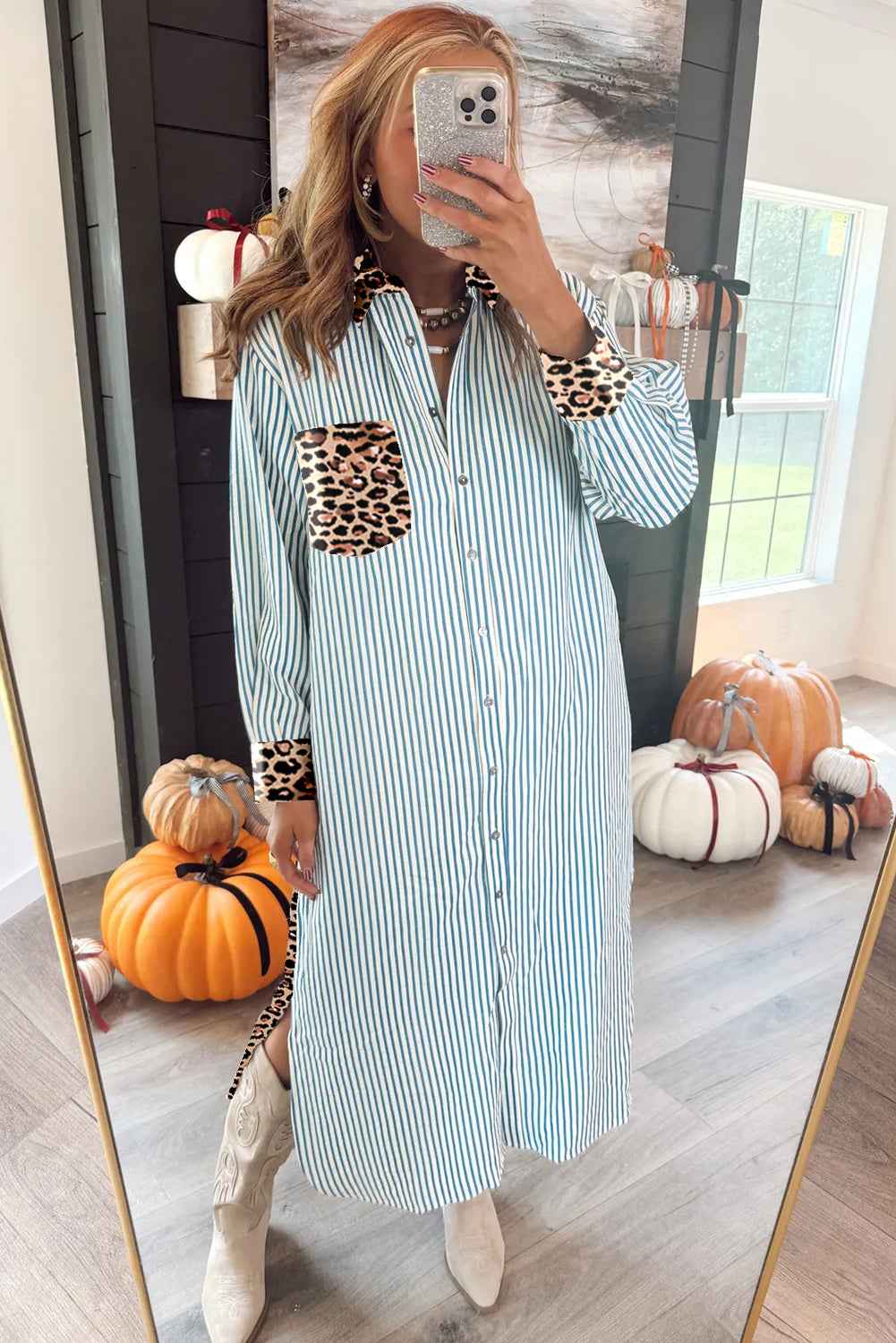 Brown Stripe Contrast Leopard Patchwork Shirt Dress 8ffca798c85e336f
