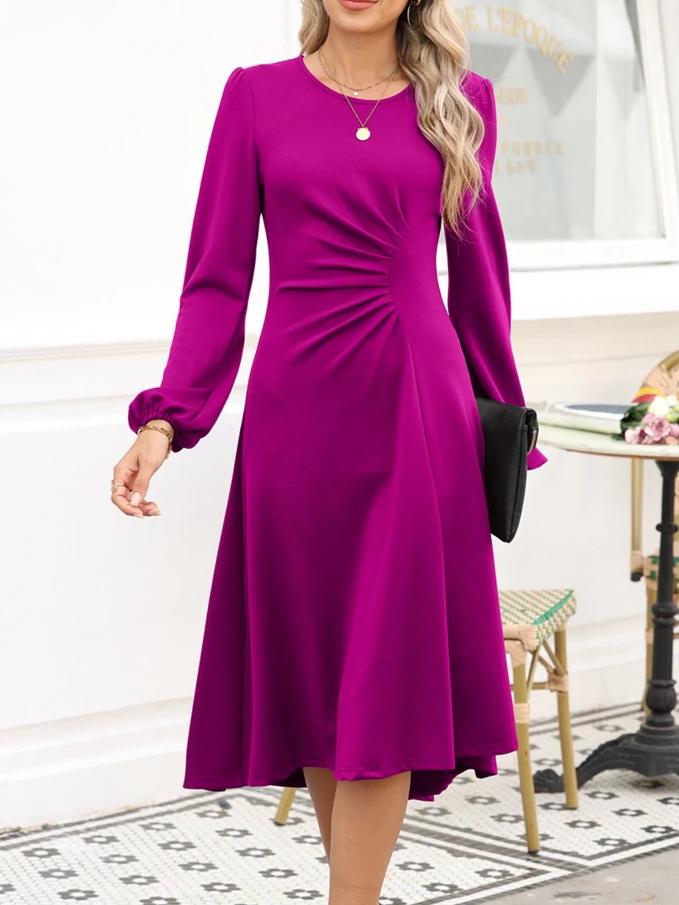 Solid Color Ruched Detail Long Sleeve Midi Dress 9006677a-a39f-4e28-b7c2-7b966d8d8a6d-Max-Origin