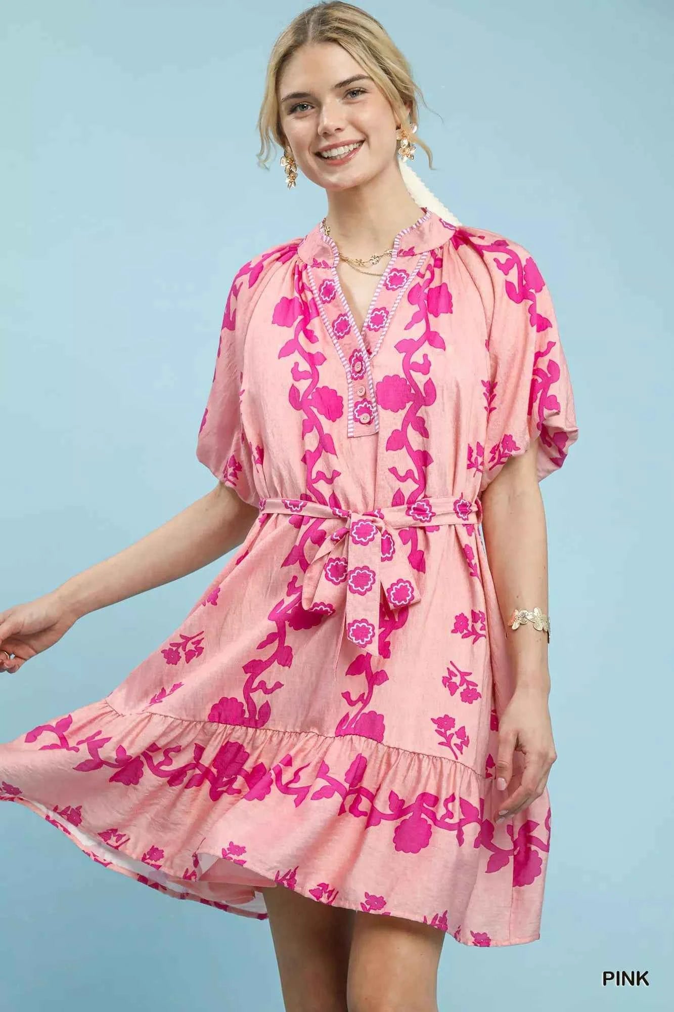 Umgee Floral Tie-Waist Boho Mini Dress PINK 9007092b-f1ce-4fd8-bfde-075b1c883899-Max-Origin