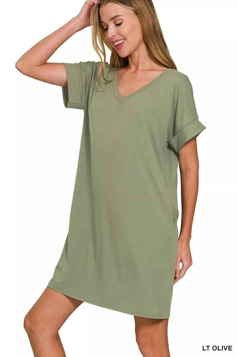 Zenana Brushed Dty Rolled Short Sleeve V-Neck Dress 90106579c24e48c28831927be505ead5-Max-Origin