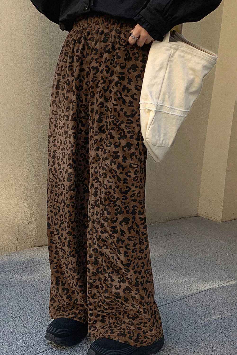 Dark Brown Leopard Print Elastic High Waist Loose Corduroy Pants 90110bb69ce963cb