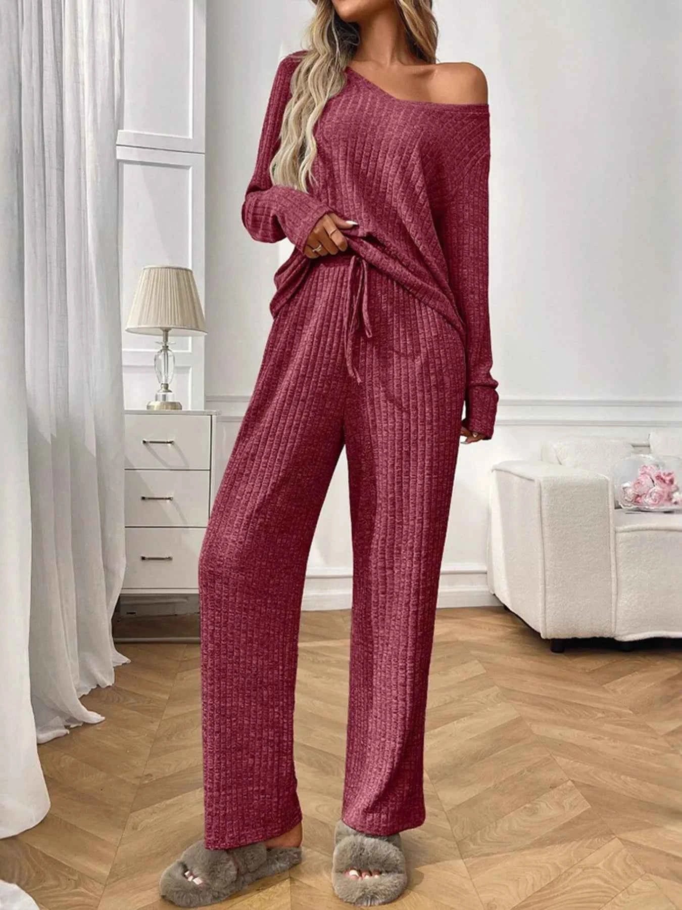 Ribbed Long Sleeve Top and Pants Lounge Set 9018af6289d2465b84b148085faab006-Max-Origin