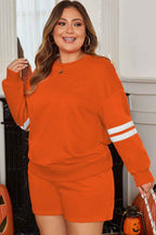 Orange Plus Size Varsity Striped Sleeve Sweatshirt and Shorts Set 9019c241e31c7a22