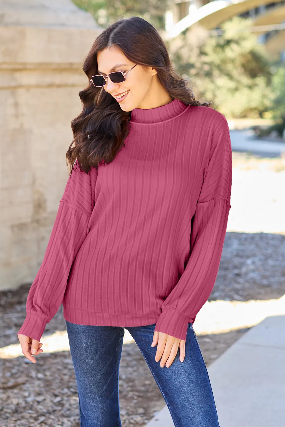 Basic Bae Full Size Ribbed Exposed Seam Mock Neck Knit Top Hot Pink 901a3a698d9749f19589711f7e2ac69a-Max