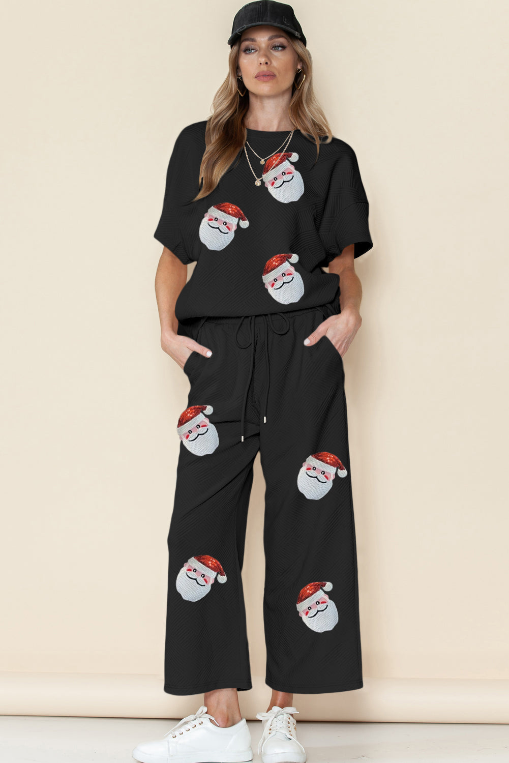 Black Christmas Santa Clause Graphic Sequins Patch Textured Pants Set