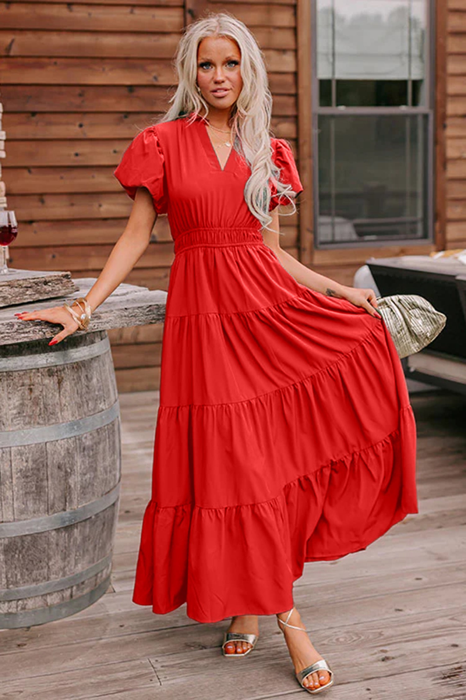 Bright Green Solid Color V Neck Short Puff Sleeve High Waist Tiered Maxi Dress 902128868ea82057