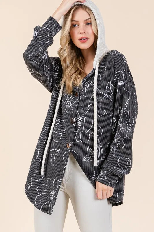 BOMBOM Drawstring Flower Print Button Up Shacket Black 90244eeb-00a5-4c47-8a94-d7b4475c14d2-Max