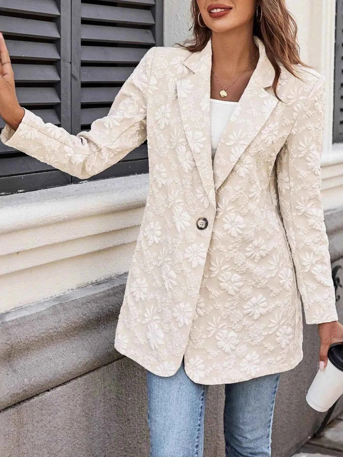Floral Jacquard One Button Long Sleeve Blazer 9027d55578be49188629b383a0b2c1ca-Max-Origin