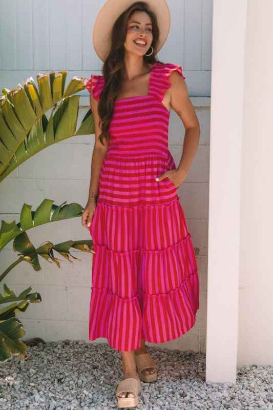 Stripe Smocked Bodice Flutter Sleeve Tiered Maxi D Rose Stripe 902bebd1-3d9c-4a7d-9462-a557bfdb6a14