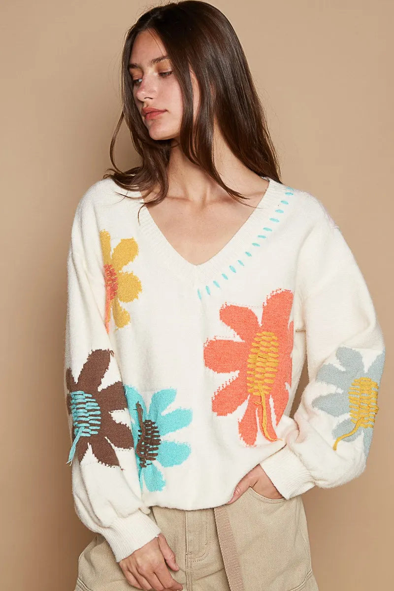 POL V-Neck Long Sleeve Flower Fringe Sweater Ivory 902c6c7f-8429-4c09-b55b-3971a4b82b96-Max