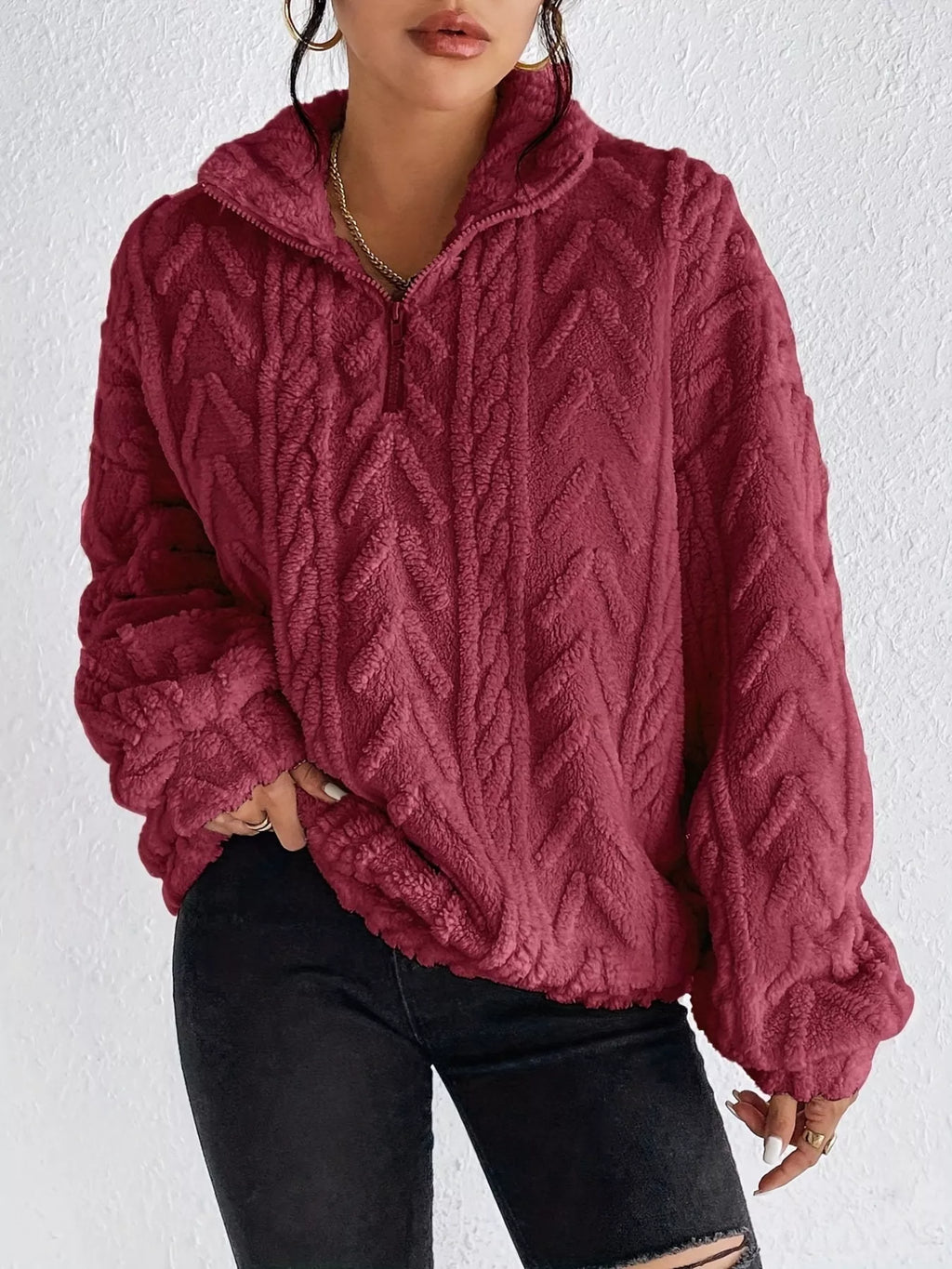 Quarter Zip Dropped Shoulder Sherpa Sweatshirt 9037519f04da42aa9ec945ff31915bb9-Max-Origin