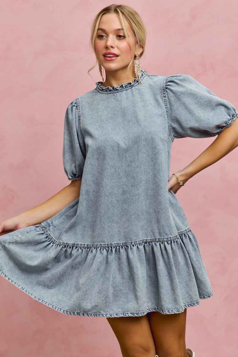 SO ME Denim Short Sleeves Mini Tiered Dress 903b194a46ca4ff79018152d5a3a3c2a-Max