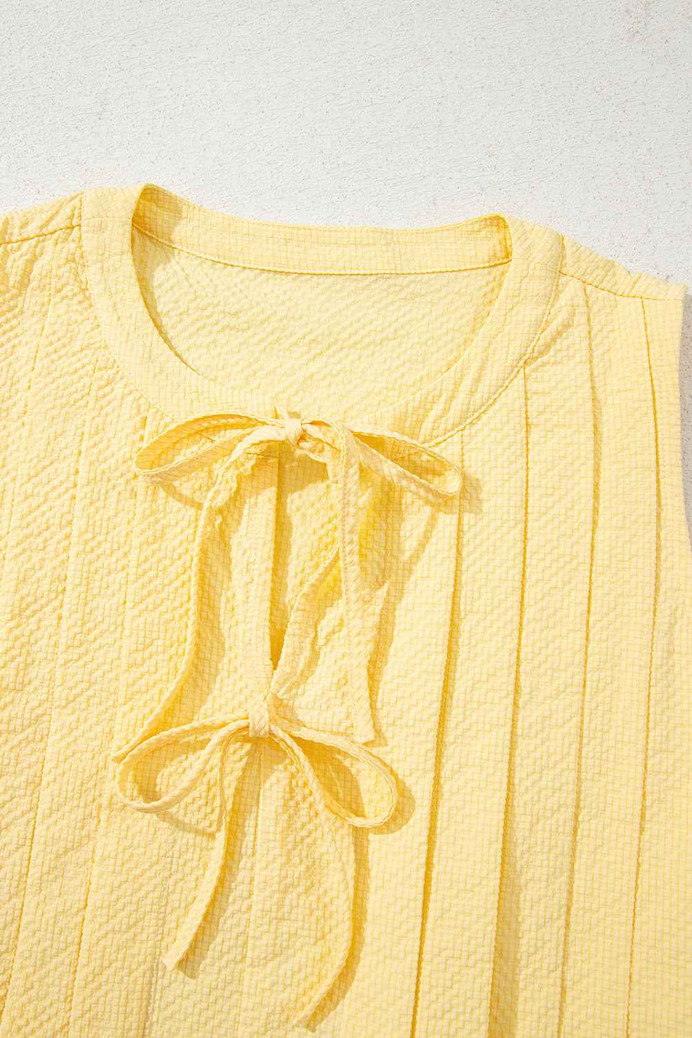 Yellow Cream Bow Tie Notched Neck Pleated Sleeveless Top 903bbdd36ad4cdb9