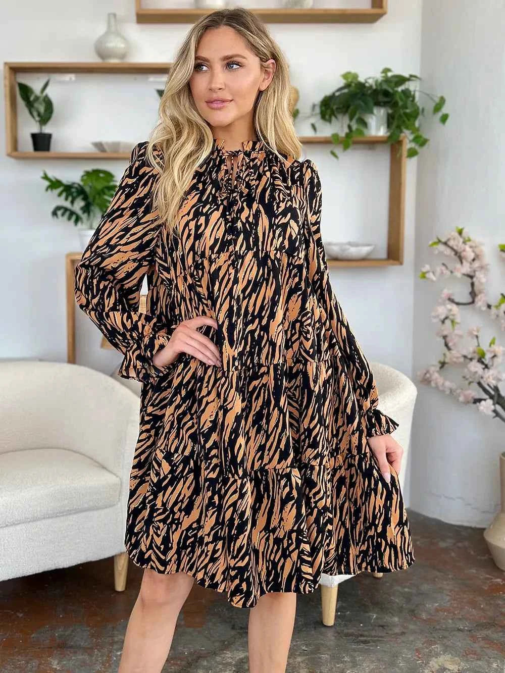 Double Take Full Size Printed Ruffle Hem Long Sleeve Dress 90401c64-8819-43f0-bfa2-af5205c6b64b-Max