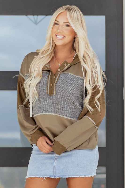 Waffle Knit Patchwork Buttoned Hooded Sweatshirt 90426d85-4a4d-49a6-9f2f-84226dfde532