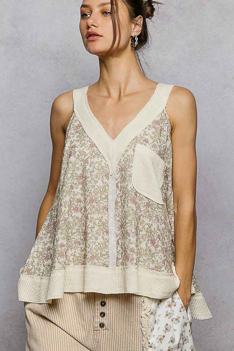 POL Floral V-Neck Tank with Front Pocket 904818a9-a884-4325-9138-39eb4d080fdc-Max