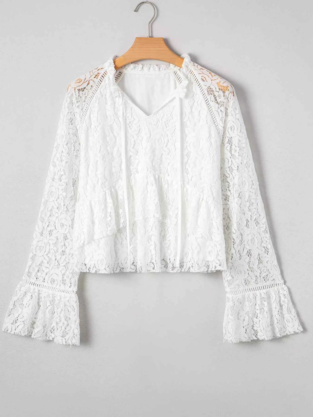 Tie Neck Lace Ruffle Detail Long Sleeve Blouse 904ac5c966a24c25b8173696a0458967-Max-Origin