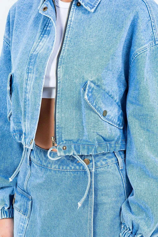 Drawstring Waist Crop Denim Jacket 904d1467-844e-4d4f-b30a-1fa525300845-Max