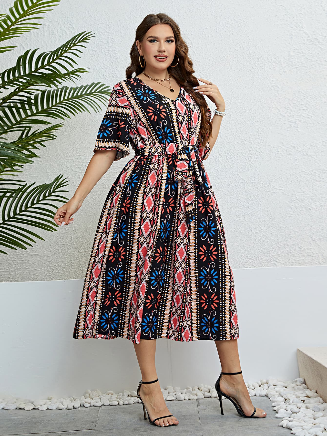 Honey Plus Size Bohemian V-Neck Tie Belt Midi Dress 9050f143ebf042b5bf2b1032b76437b2-Max