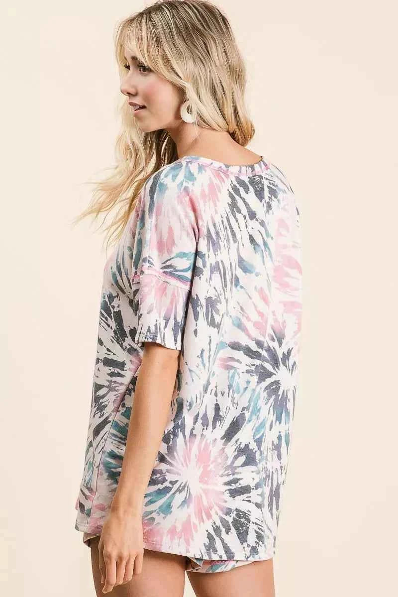 BiBi Tie Dye Print Terry V Neck Top With Contrast 90528d17dc39481da81d19f3889f7d28-Max-Origin